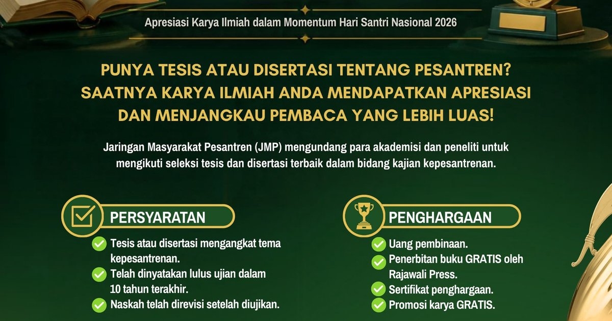 JMP Gelar Anugerah Riset Pesantren 2026, Buka Kesempatan bagi Penulis Tesis dan Disertasi