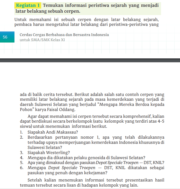 Kunci Jawaban Bahasa Indonesia Kelas 11 Halaman 57, Menggali Nilai Sejarah Melalui Cerpen