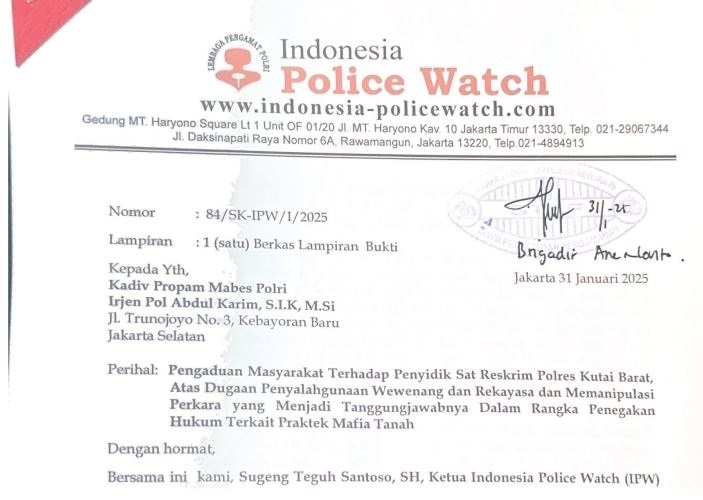 Diduga Membantu Mafia Tanah, Penyidik Polres Kutai Barat Dilaporkan IPW ke Propam Mabes Polri
