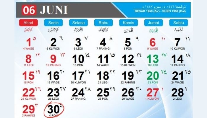 Kalender Jawa Hari Ini 30 Juni 2025: Cek Weton Senin Pon dan Tanggal Hijriah Lengkap