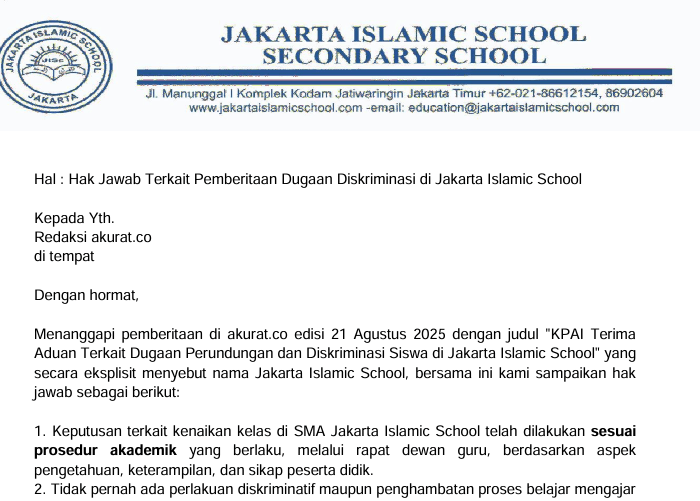 Klarifikasi: SMA Jakarta Islamic School Tegaskan Tidak Pernah Beri Perlakuan Diskriminatif terhadap Siswa