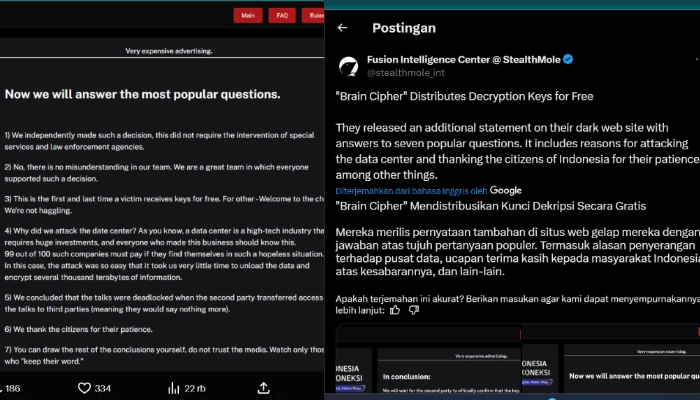 UPDATE! Geng Ransomware Brain Chiper Kembalikan Kunci Data PDNS Secara Gratis