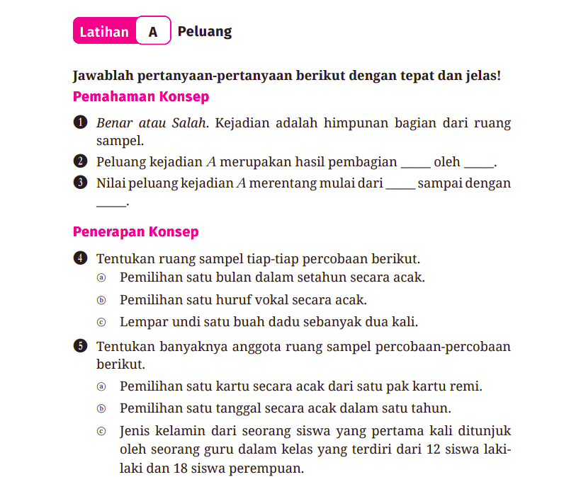 Kunci Jawaban Lengkap Matematika Kelas 9 Halaman 231-232, Latihan A Peluang