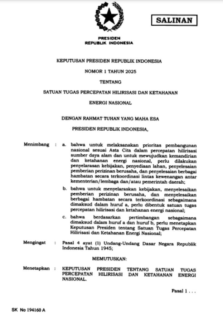 Tugas Satgas Percepatan Hilirisasi dan Ketahanan Energi Yang Baru Dibentuk Presiden Prabowo