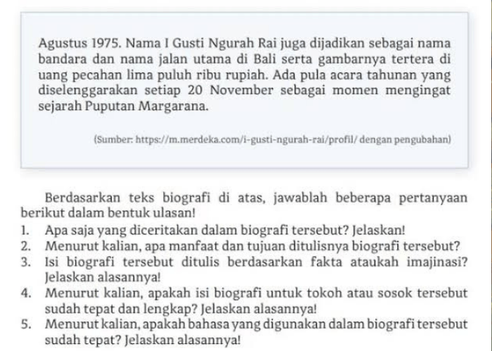 Kunci Jawaban Bahasa Indonesia Kelas 10 Halaman 118: Teks Biografi I Gusti Ngurah Rai