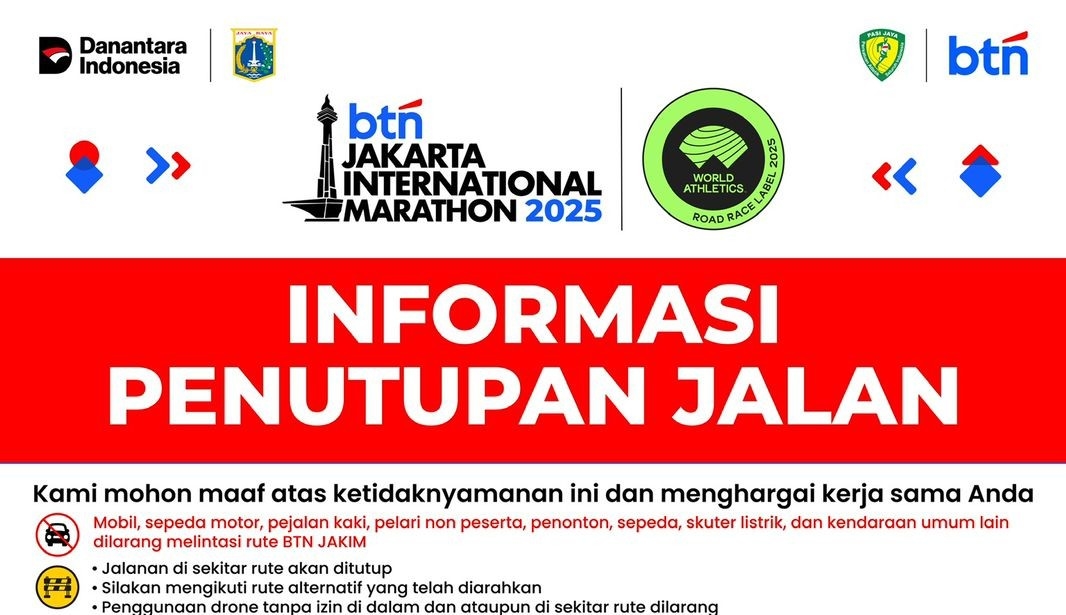 Jelang BTN Jakarta International Marathon 2025: Sejumlah Ruas Jalan Ditutup, Simak Rute dan Kantong Parkirnya