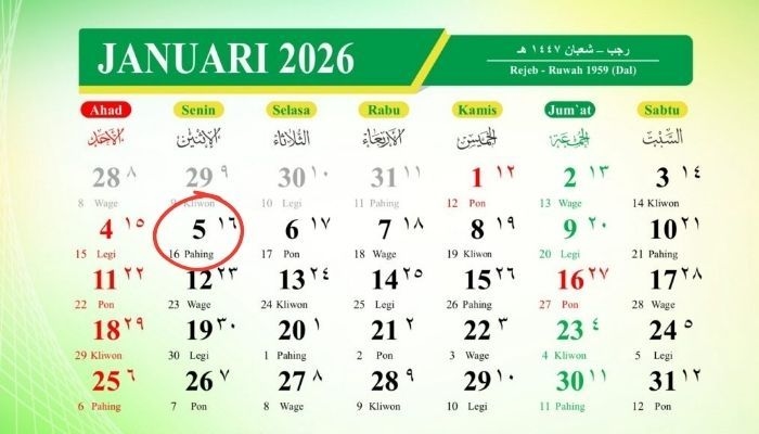 Kalender Jawa 5 Januari 2026 Lengkap: Cek Weton Senin Pahing dan Karakternya